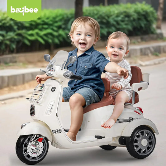 Baybee ScootStar Battery Operated Bike for Kids | Ride on Toy Kids Bike with Dual Seat, Bluetooth, USB & Storage | Baby Bike with Music & Light | Electric Bike to Drive 1 to 3 Years (White) - Adenzo Comfies