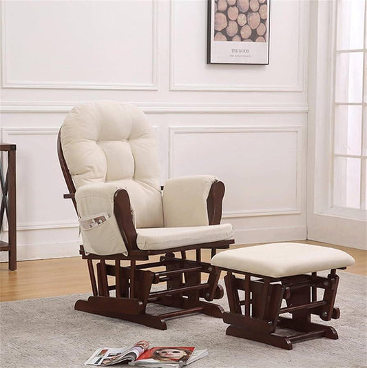 Nursing Gliding Rocking Chair with Ottoman, Solid Wood Nursery Glider Recliner, Quiet Motion, Padded Cushion, Storage Pocket - Adenzo Comfies