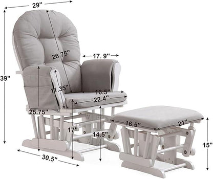 Nursing Gliding Rocking Chair with Ottoman, Solid Wood Nursery Glider Recliner, Quiet Motion, Padded Cushion, Storage Pocket - Adenzo Comfies