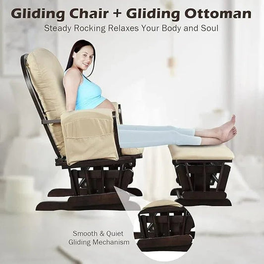 Nursing Gliding Rocking Chair with Ottoman, Solid Wood Nursery Glider Recliner, Quiet Motion, Padded Cushion, Storage Pocket - Adenzo Comfies