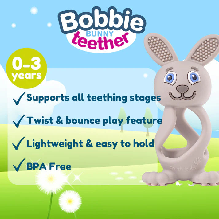 Brush Baby - Bobbie Bunny Teether 3D Cappuccino, Engaging, Sensory Teething Toy for Babies 0-3 Years - BPA Free, Soft Silicone - for Gum Relief & Oral Development