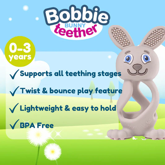 Brush Baby - Bobbie Bunny Teether 3D Cappuccino, Engaging, Sensory Teething Toy for Babies 0-3 Years - BPA Free, Soft Silicone - for Gum Relief & Oral Development