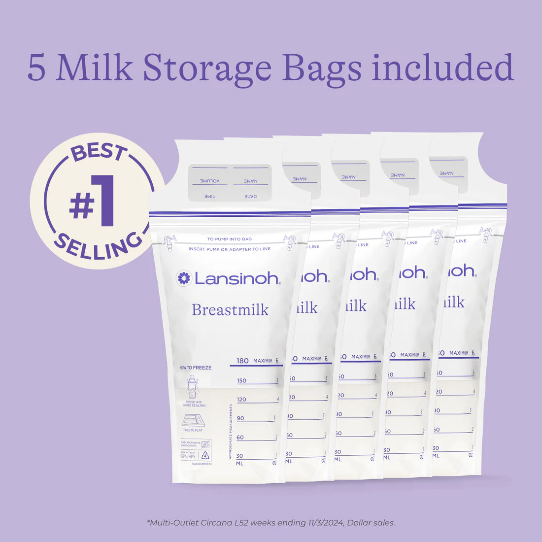 Lansinoh Breastmilk Bags Storage Container – Organizer with Quick‑Freeze Tray + 5 Bonus Bags