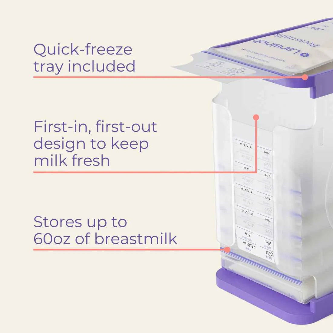 Lansinoh Breastmilk Bags Storage Container – Organizer with Quick‑Freeze Tray + 5 Bonus Bags