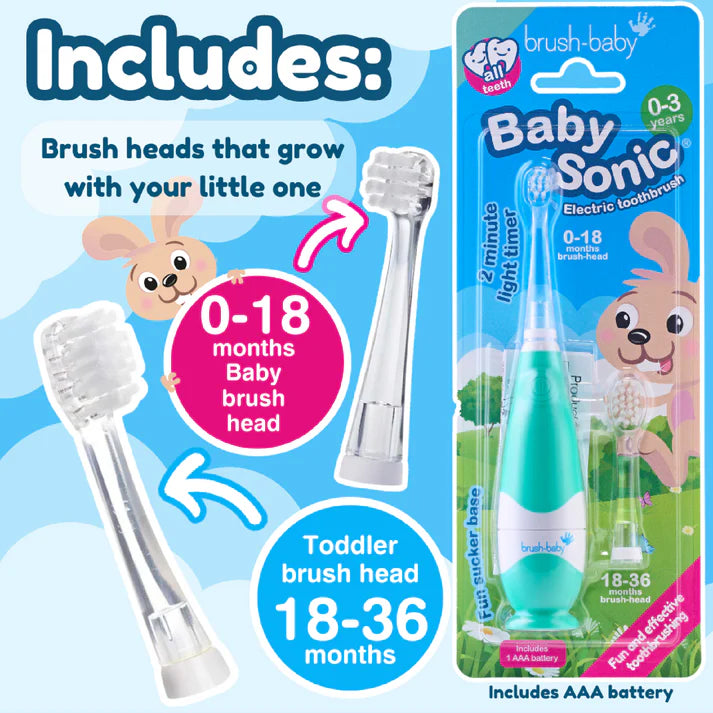 Brush-Baby Babysonic Replacement Heads for Babysonic Electric Toothbrush | Stage 2 First Teeth - Teething | Suitable from 18-36 Months | Includes 2 x 18-36 Month Toddler Replacement Brush Heads, clear, 2 count (pack of 1)