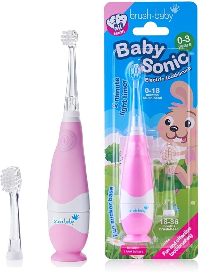 Brush Baby BabySonic Electric Toothbrush for Ages 0-3 Years - Includes 2 Sensitive Brush Heads (Pink)