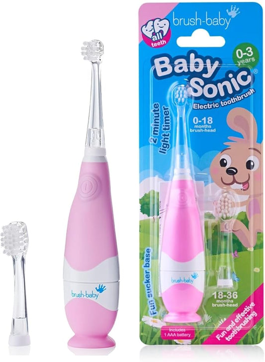 Brush Baby BabySonic Electric Toothbrush for Ages 0-3 Years - Includes 2 Sensitive Brush Heads (Pink)