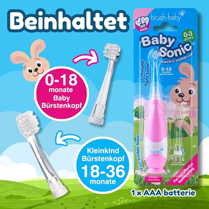 Brush Baby BabySonic Electric Toothbrush for Ages 0-3 Years - Includes 2 Sensitive Brush Heads (Pink)