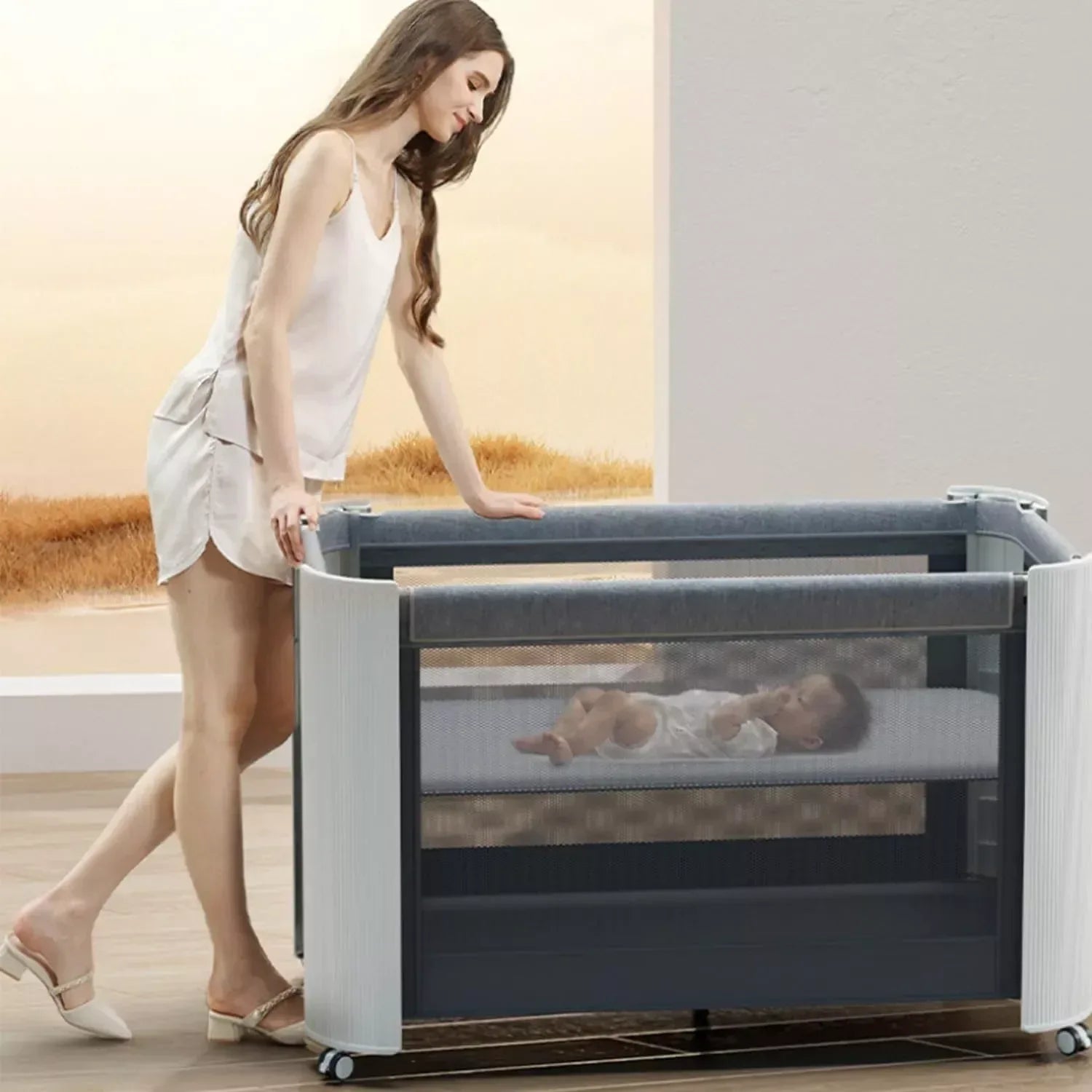 Baby Cosleeper Playpen Bed, Baby Cot and Crib with wheels - Adenzo Comfies