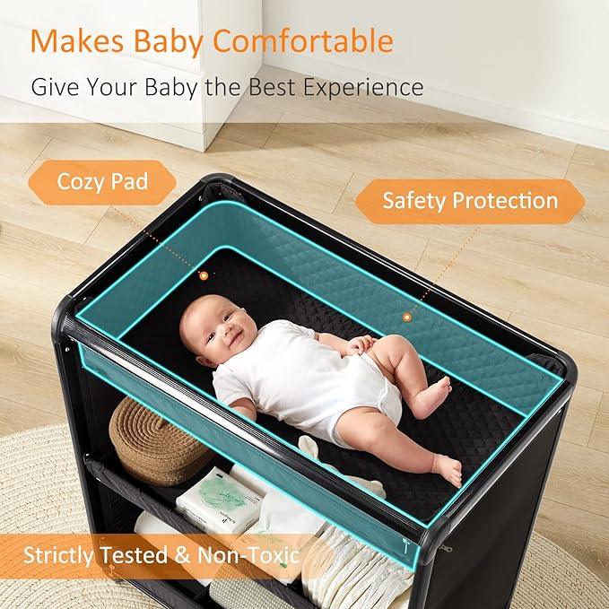 Sweeby Changing Table Baby Changing Station with Wheels, Portable Baby Changing Tables Soft Changing Table Topper, Diaper Changing Station Newborn Changing Essentials(Black) - Adenzo Comfies