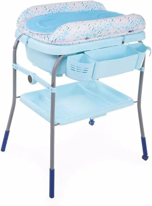 Chicco Cuddle & Bubble Ergonomic Baby Bathtub with Legs and Changing Mat with Padded and Soft Reducer, Adjustable Height, Compact Closure, Organizer, 2 Wheels, Max. 11 kg - Blue (Ocean) - Adenzo Comfies