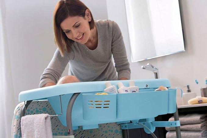 Chicco Cuddle & Bubble Ergonomic Baby Bathtub with Legs and Changing Mat with Padded and Soft Reducer, Adjustable Height, Compact Closure, Organizer, 2 Wheels, Max. 11 kg - Blue (Ocean) - Adenzo Comfies