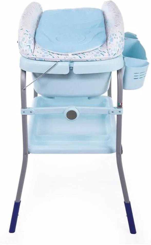 Chicco Cuddle & Bubble Ergonomic Baby Bathtub with Legs and Changing Mat with Padded and Soft Reducer, Adjustable Height, Compact Closure, Organizer, 2 Wheels, Max. 11 kg - Blue (Ocean) - Adenzo Comfies