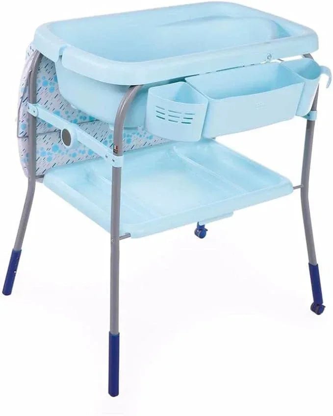 Chicco Cuddle & Bubble Ergonomic Baby Bathtub with Legs and Changing Mat with Padded and Soft Reducer, Adjustable Height, Compact Closure, Organizer, 2 Wheels, Max. 11 kg - Blue (Ocean) - Adenzo Comfies