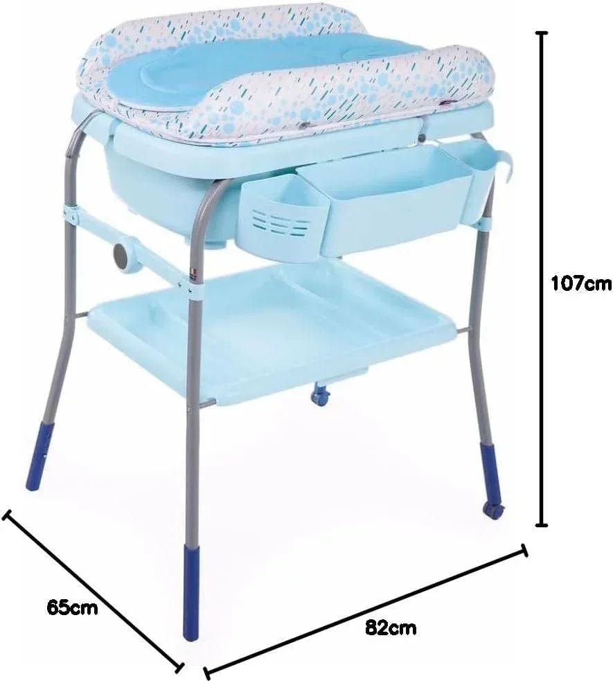 Chicco Cuddle & Bubble Ergonomic Baby Bathtub with Legs and Changing Mat with Padded and Soft Reducer, Adjustable Height, Compact Closure, Organizer, 2 Wheels, Max. 11 kg - Blue (Ocean) - Adenzo Comfies
