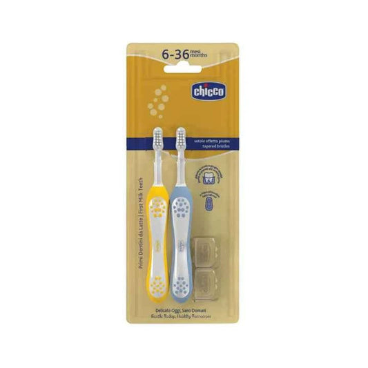 Chicco First Teeth Toothbrushes – Pack of 2, Mustard Yellow / Indigo Blue (6–36 Months) - Adenzo Comfies