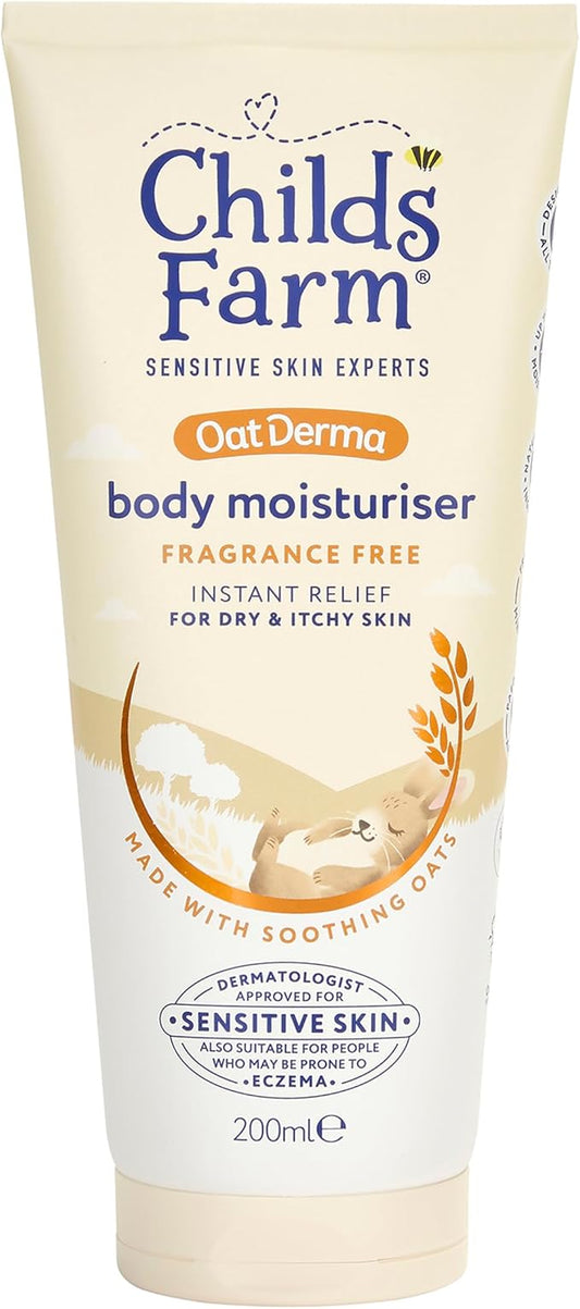 Childs Farm OatDerma Body Moisturiser, Fragrance Free, Soothing Hydration, Sensitive Skin, Emollient, Baby, Kids, 200ml