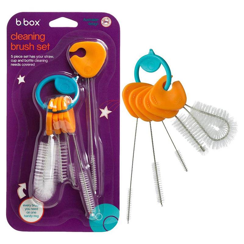 B.box Cleaning Brush Set – 5-Piece Bottle, Straw & Teat Cleaning Brushes with Handy Ring