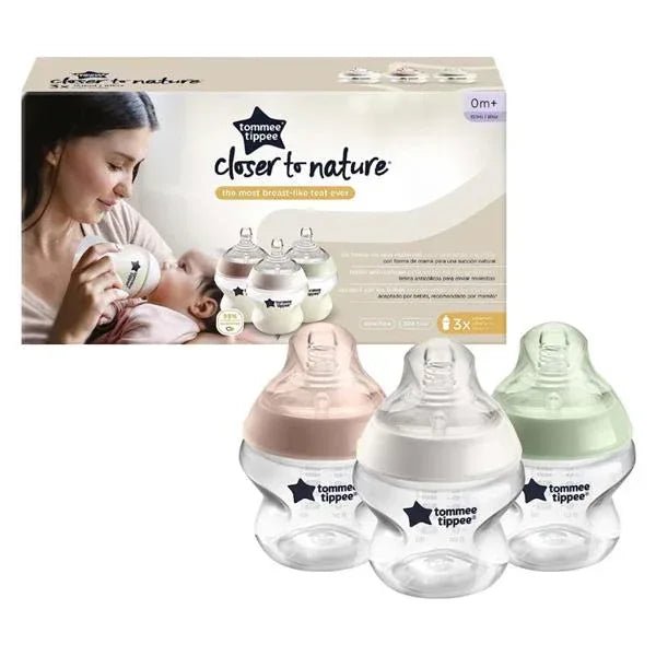 Tommee Tippee Closer to Nature Baby Bottles 0M+ – 150ml (3 Pack) BPA - Free, Anti - Colic, Easy - Latch Teat Design for Newborn Feeding, Dishwasher Safe and Comfortable Grip for Parents - Adenzo Comfies
