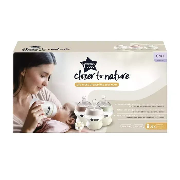 Tommee Tippee Closer to Nature Baby Bottles 0M+ – 150ml (3 Pack) BPA - Free, Anti - Colic, Easy - Latch Teat Design for Newborn Feeding, Dishwasher Safe and Comfortable Grip for Parents - Adenzo Comfies