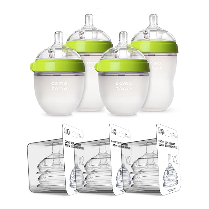 Comotomo Baby Bottle Bundle With 2x150ml Bottles, 2x250ml Bottles, and 3 Pairs of Teats-0-3m, 3m+, 6m+ (7 Piece Set)