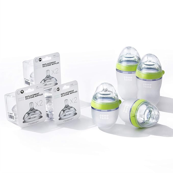 Comotomo Baby Bottle Bundle With 2x150ml Bottles, 2x250ml Bottles, and 3 Pairs of Teats-0-3m, 3m+, 6m+ (7 Piece Set)