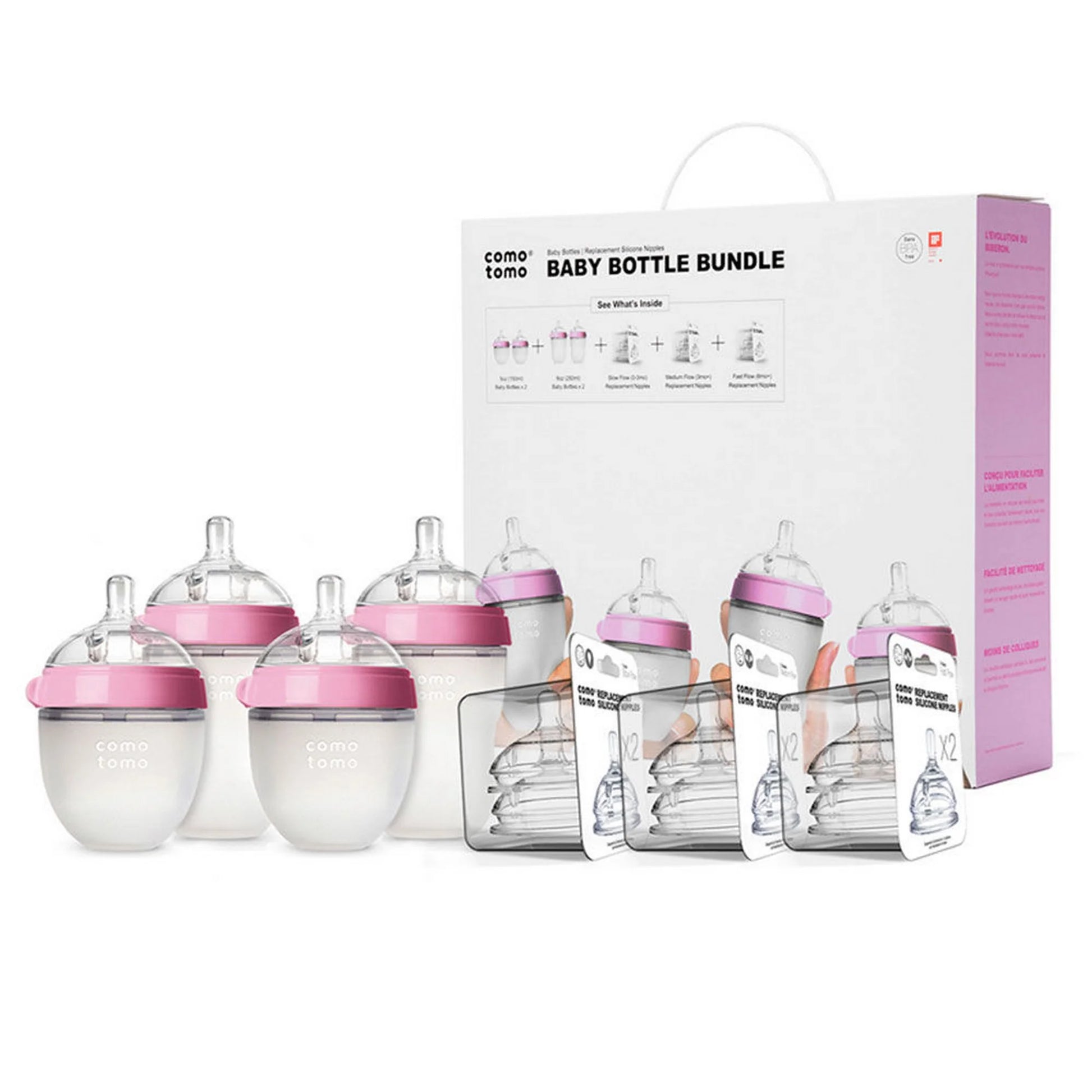 Comotomo Baby Bottle Bundle With 2x150ml Bottles, 2x250ml Bottles, and 3 Pairs of Teats-0-3m, 3m+, 6m+ (7 Piece Set) - Adenzo Comfies