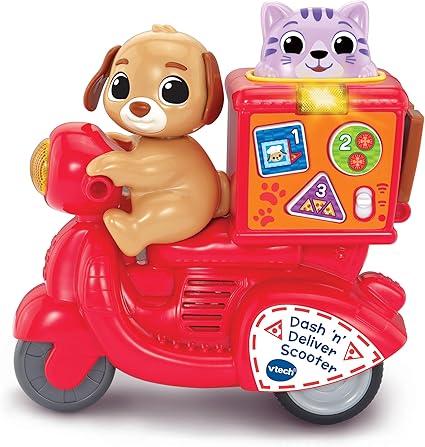VTech Dash 'n' Deliver Scooter, Teaches Colours, Animals, Numbers, Songs & Melodies, Interactive Buttons for Role-Play Fun, Gift for Ages 12, 18, 24 Months+, English Version - Adenzo Comfies
