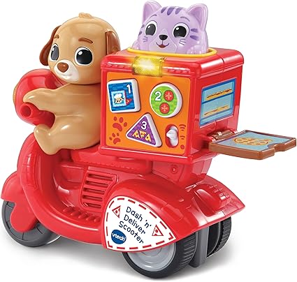 VTech Dash 'n' Deliver Scooter, Teaches Colours, Animals, Numbers, Songs & Melodies, Interactive Buttons for Role-Play Fun, Gift for Ages 12, 18, 24 Months+, English Version - Adenzo Comfies