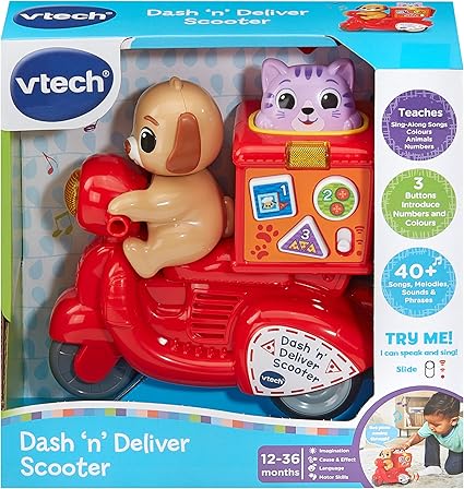 VTech Dash 'n' Deliver Scooter, Teaches Colours, Animals, Numbers, Songs & Melodies, Interactive Buttons for Role-Play Fun, Gift for Ages 12, 18, 24 Months+, English Version - Adenzo Comfies