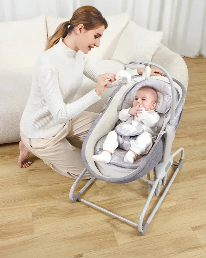 Mastela 4 in 1 Swing & Bassinet - 12 Melodies - Adjustable Backrest - 5 Points Harness - Breathable Mesh Sides & Soft Headrest - For 0 to 36M (Upto 9 Kg) - Light Grey - Adenzo Comfies