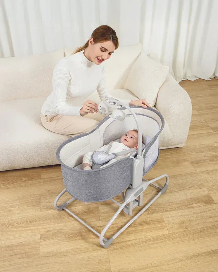 Mastela 4 in 1 Swing & Bassinet - 12 Melodies - Adjustable Backrest - 5 Points Harness - Breathable Mesh Sides & Soft Headrest - For 0 to 36M (Upto 9 Kg) - Light Grey - Adenzo Comfies