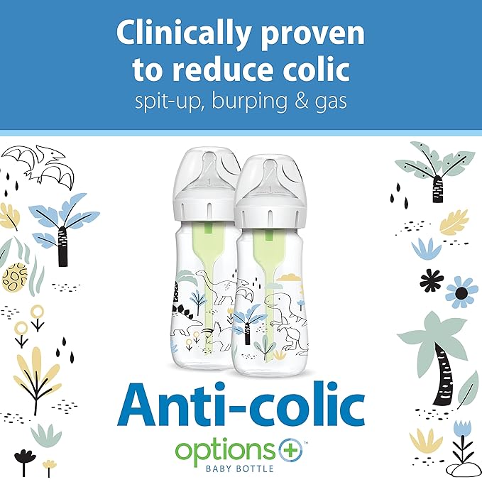 Dr. Brown's Anti-Colic Options+ Wide-Neck Baby Bottle Designer Edition Bottles, Woodland Decos, 5 oz/150 mL, Level 1 Nipple, 0m+, 2-Pack