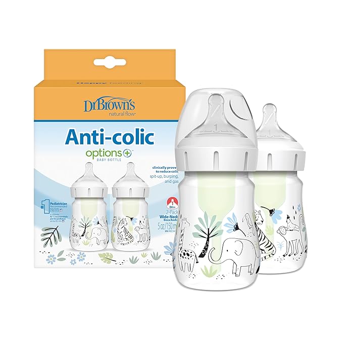 Dr. Brown's Anti-Colic Options+ Wide-Neck Baby Bottle Designer Edition Bottles, Woodland Decos, 5 oz/150 mL, Level 1 Nipple, 0m+, 2-Pack