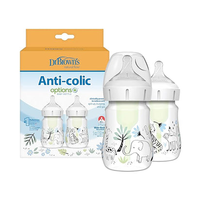 Dr. Brown's Anti-Colic Options+ Wide-Neck Baby Bottle Designer Edition Bottles, Woodland Decos, 5 oz/150 mL, Level 1 Nipple, 0m+, 2-Pack