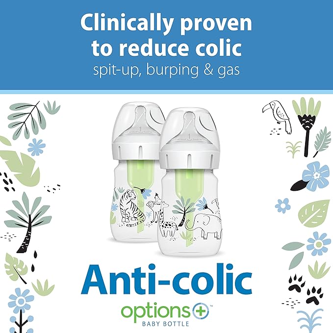 Dr. Brown's Anti-Colic Options+ Wide-Neck Baby Bottle Designer Edition Bottles, Woodland Decos, 5 oz/150 mL, Level 1 Nipple, 0m+, 2-Pack