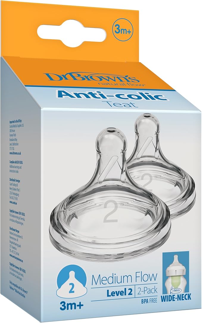 Dr. Brown's Natural Flow Level 2 Wide-Neck Baby Bottle Silicone Teat, Medium Flow, 3m+, 100% Silicone Bottle Teat, 2-Pack
