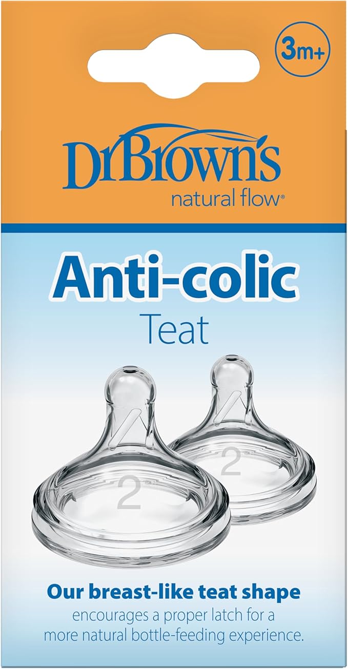 Dr. Brown's Natural Flow Level 2 Wide-Neck Baby Bottle Silicone Teat, Medium Flow, 3m+, 100% Silicone Bottle Teat, 2-Pack