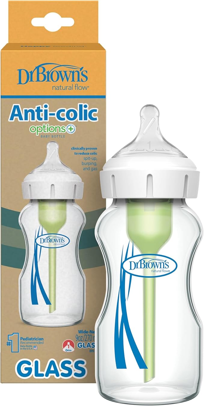 Dr. Brown's Natural Flow Options+ Anti-Colic Wide Neck Baby Bottles, Glass, Green, 270 ml