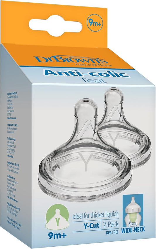 Dr. Brown's Natural Flow Y-Cut Baby Bottle with Wide Neck, Silicone Teat, Ideal for Thicker Liquids, 9m+, 100% Silicone Bottle Teat, Pack of 2