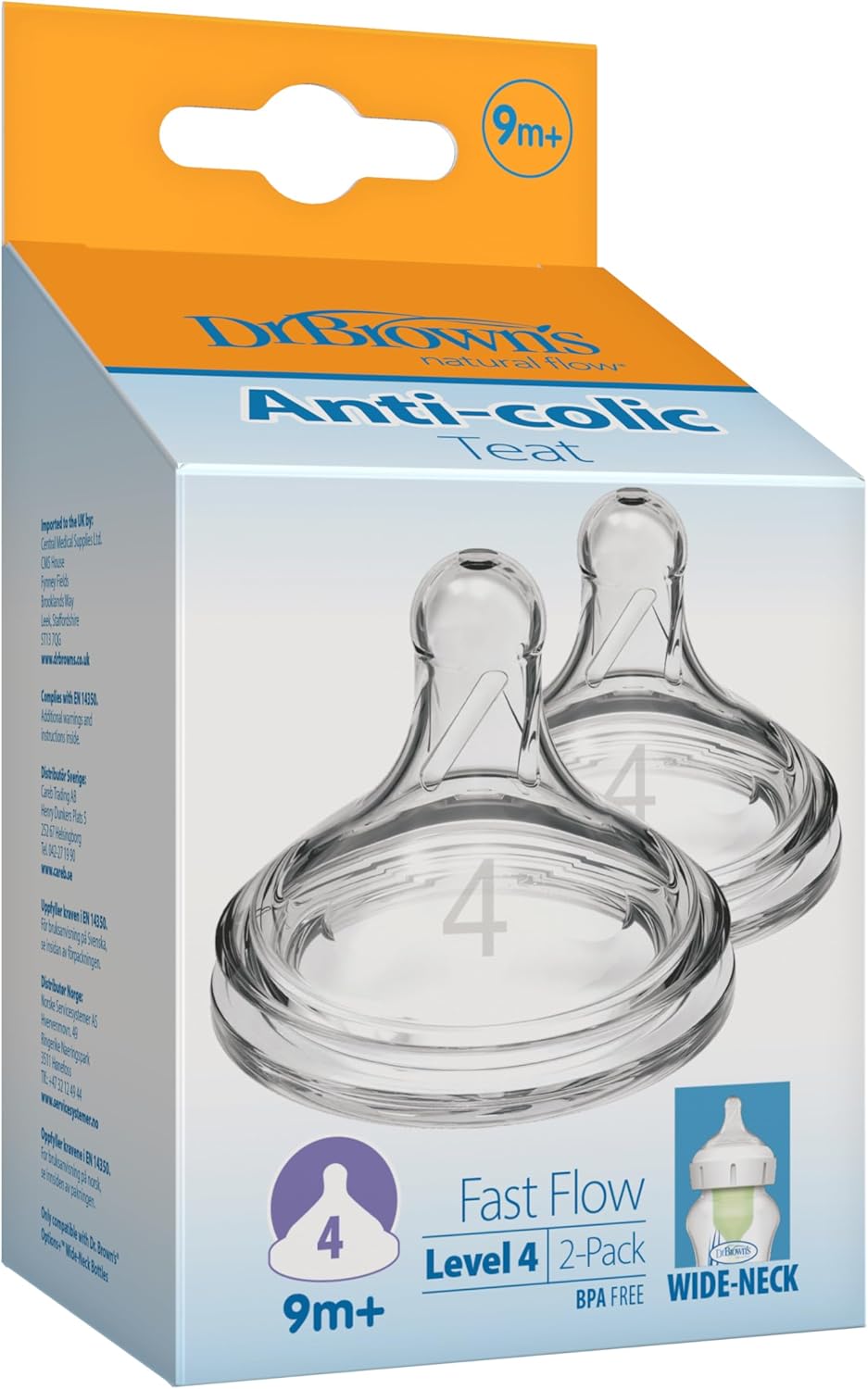 Dr. Brown's Options+ Baby Bottle Teats, Level 4, Wide-Neck, pack of 2