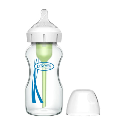 Dr. Brown’s Options+ Glass Baby Bottle – 150ml & 270ml, Wide‑Neck, Anti‑Colic Vent System, Silicone Level‑1 Teat, BPA‑Free