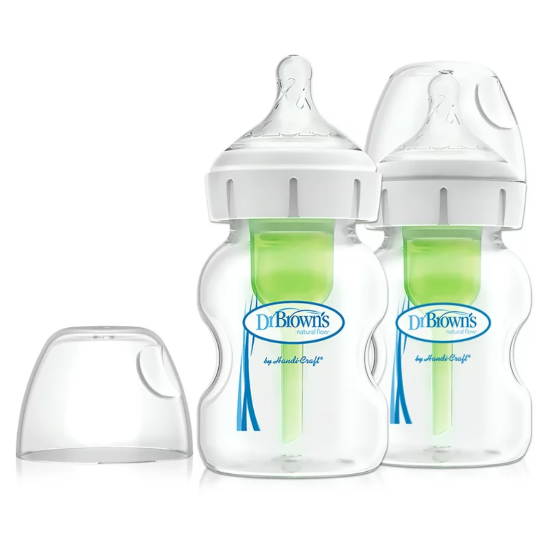 Dr. Brown’s Options+ Glass Baby Bottles – 150ml, Pack of 2, Wide‑Neck Anti‑Colic Vent System, BPA‑Free Silicone Teat
