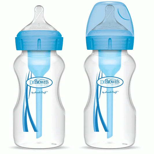 Dr. Brown’s Wide - Neck Options+ Baby Bottles – 2 - Pack, 270ml, Blue, Anti - Colic, BPA - Free, Level 1 Nipple - Adenzo Comfies