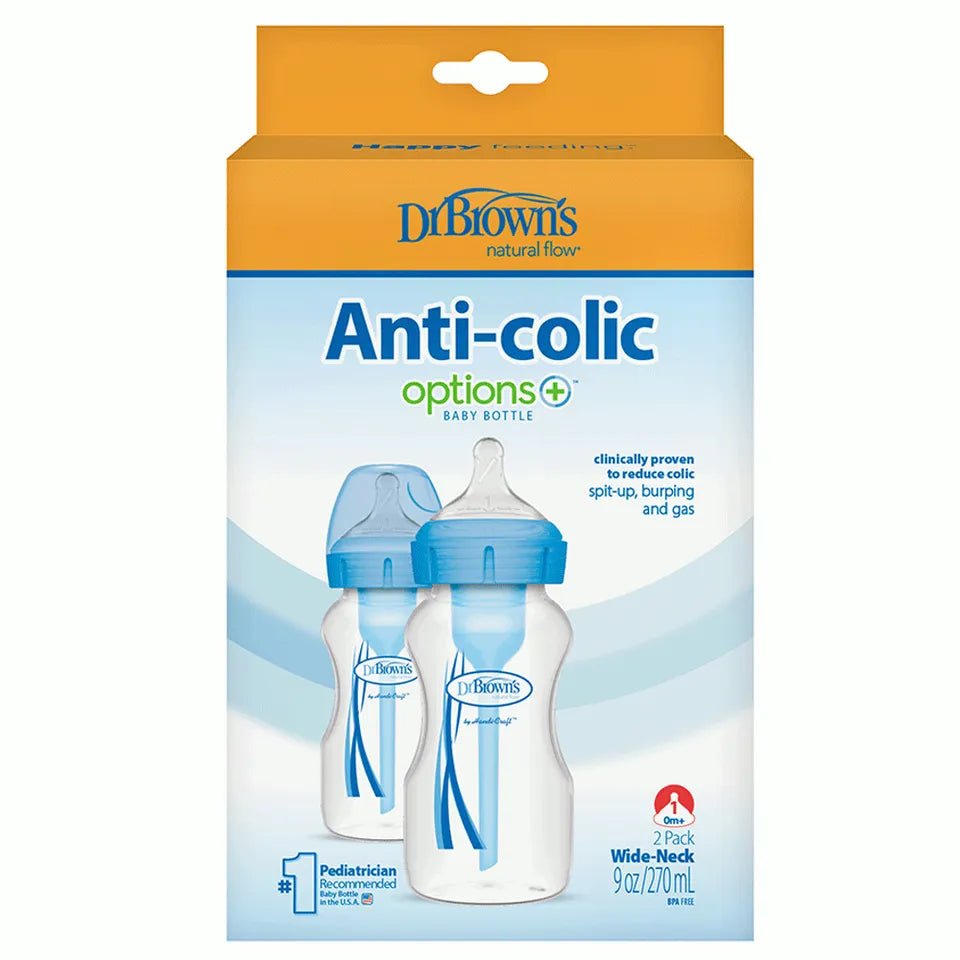 Dr. Brown’s Wide - Neck Options+ Baby Bottles – 2 - Pack, 270ml, Blue, Anti - Colic, BPA - Free, Level 1 Nipple - Adenzo Comfies
