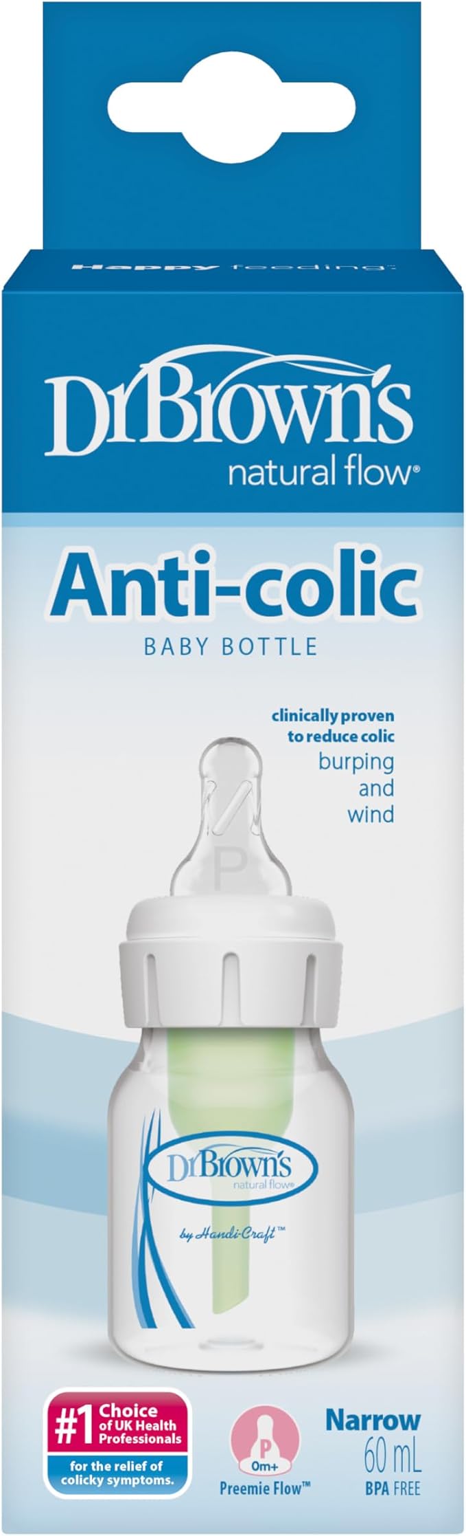 Dr Brown's Natural Flow Anti-Colic Narrow Baby Bottle, 2oz/60ml with Preemie Flow Teat, 1-Pack