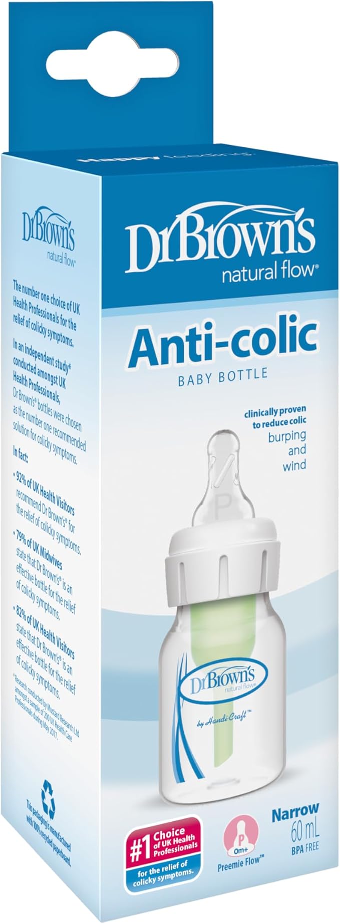 Dr Brown's Natural Flow Anti-Colic Narrow Baby Bottle, 2oz/60ml with Preemie Flow Teat, 1-Pack