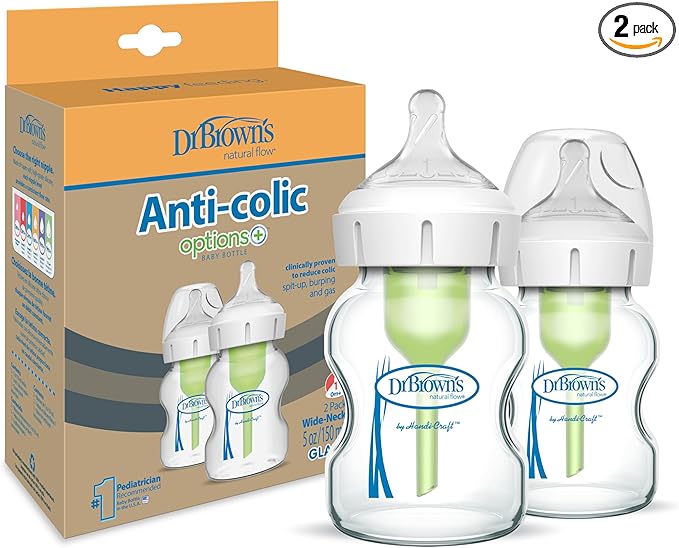 Dr Brown's Natural Flow Anti-Colic Options+ Wide-Neck Glass Baby Bottle, 5oz/150 ml, with Level 1 Teat, Pack of 1