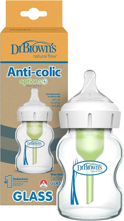 Dr Brown's Natural Flow Anti-Colic Options+ Wide-Neck Glass Baby Bottle, 5oz/150 ml, with Level 1 Teat, Pack of 1