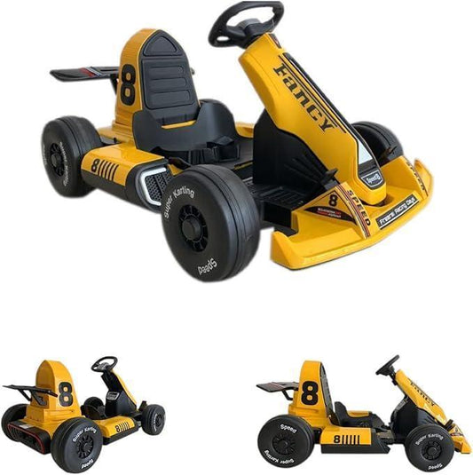 Electric Kids E - Gokart F1 – 12V Battery Ride - On Car with 2 Motors, MP3 Player, Yellow Racing Design for Children - Adenzo Comfies